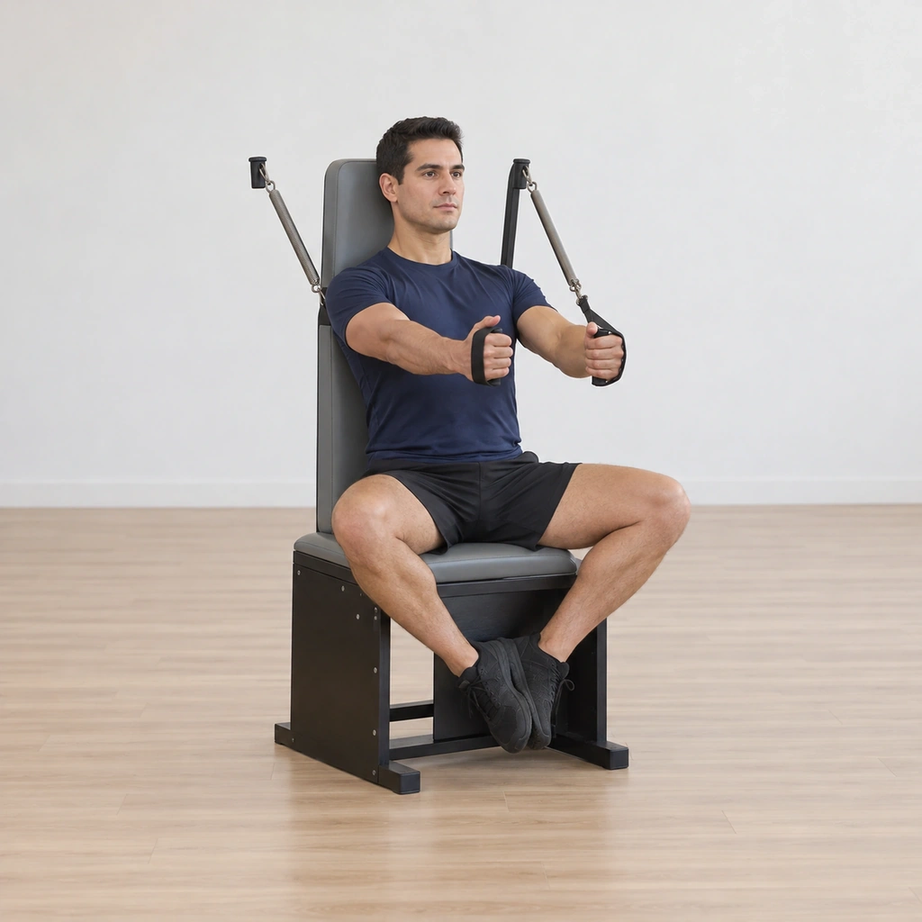 He sits tall with his whole back on the chair's backrest, the soles of his feet together and knees apart, both handles held with his arms forward of his chest and elbows soft.