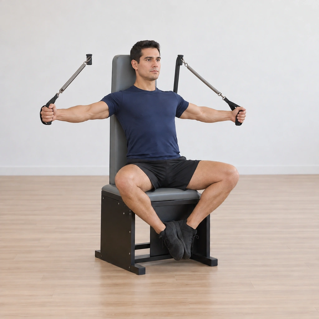His arms are reached wide to the sides at chest height, palms unturned and elbows soft, the spring handles drawn wide while his shoulders and back stay on the chair.