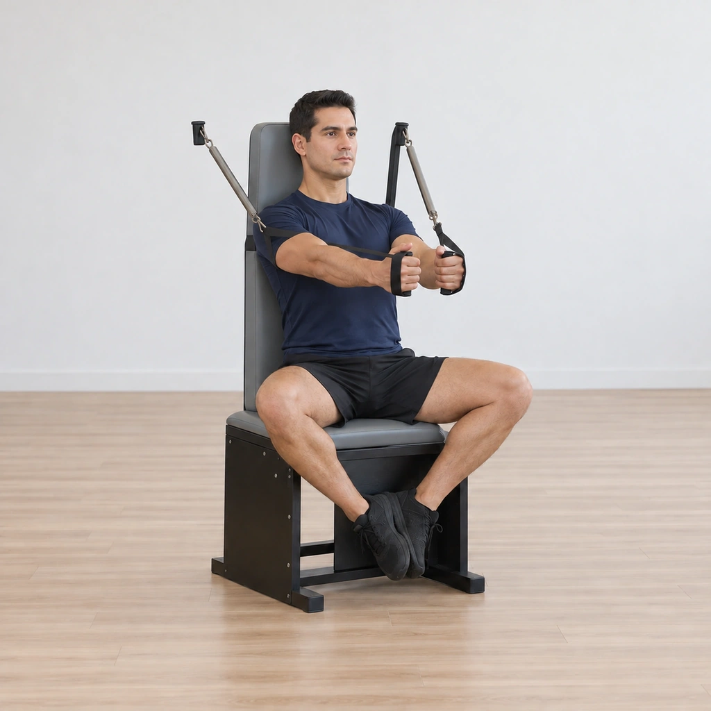 His arms are drawn toward each other in front of his chest, palms unturned and elbows soft, the hands close but not touching, his back still on the chair.