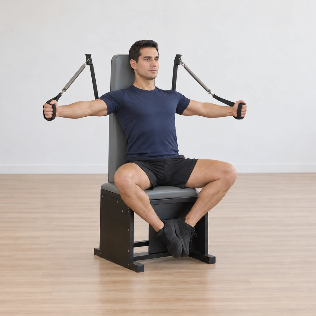 His arms are opened wide again with his spine tall and his whole back on the chair, the handles drawn wide for the next hug repetition.
