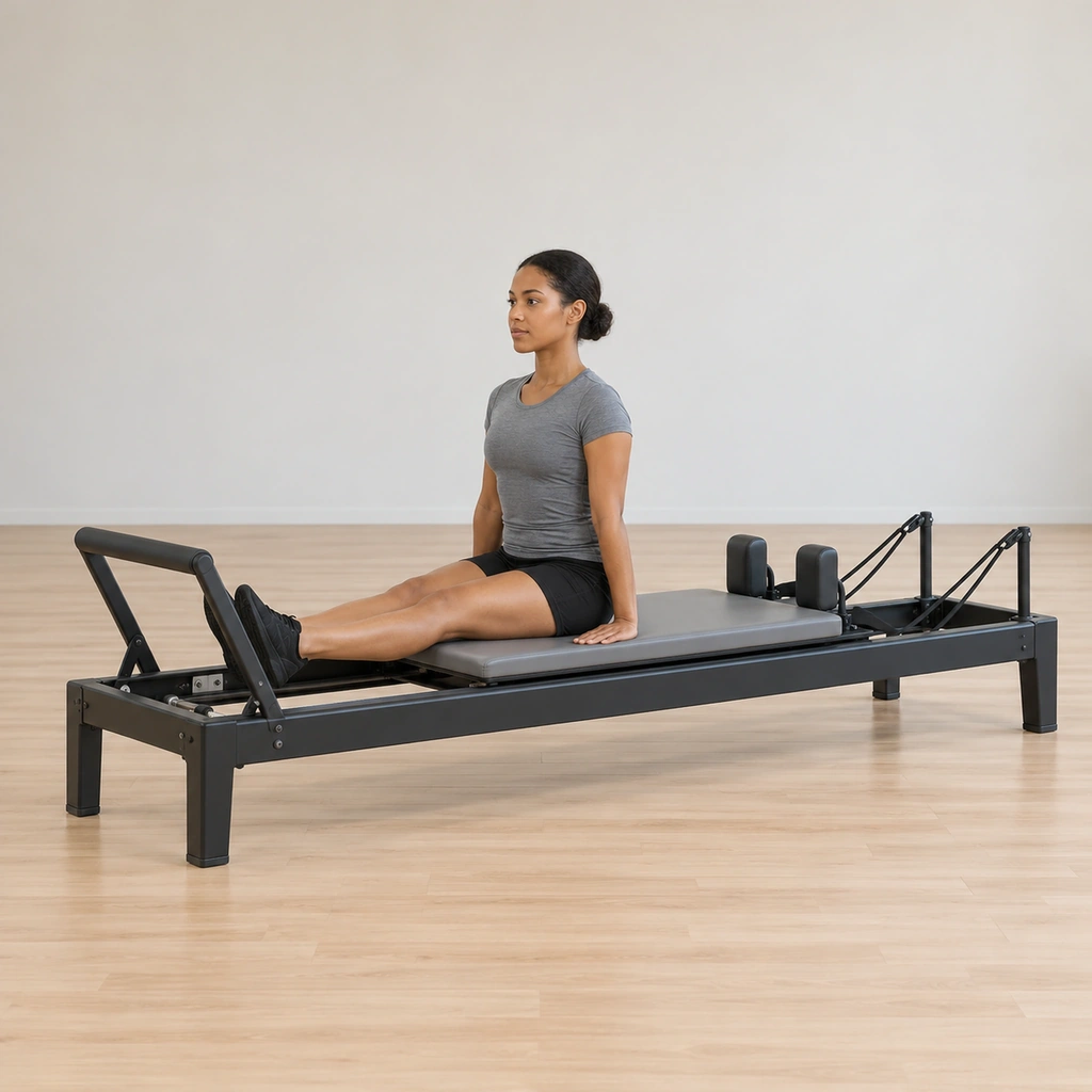 A woman sits tall on the reformer carriage facing the standing platform, legs straight ahead, both palms pressed flat on the carriage beside her hips.