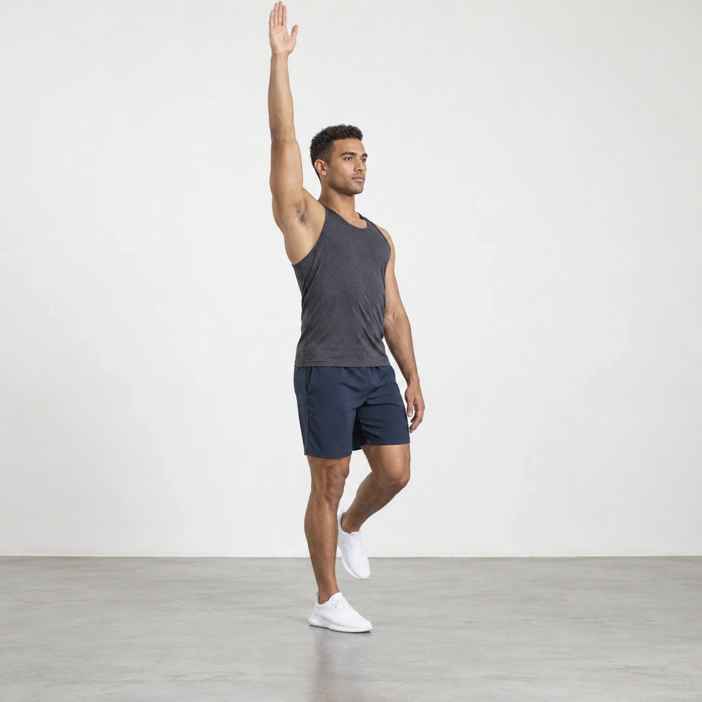 A man standing on his right leg, right arm reaching straight up overhead, left foot held just off the floor and left arm relaxed at his side.
