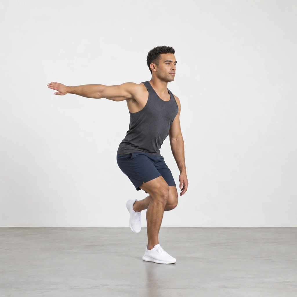 The same man squatting on his right leg with his right heel still on the floor, right arm reaching back behind him and left arm relaxed at his side, left foot off the floor.