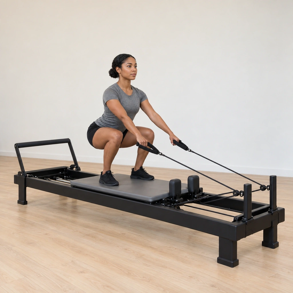 She stands on the carriage near the springs and has sunk into a deep squat, her hands gripping the strap handles down by her sides, her feet parallel and the straps taut.