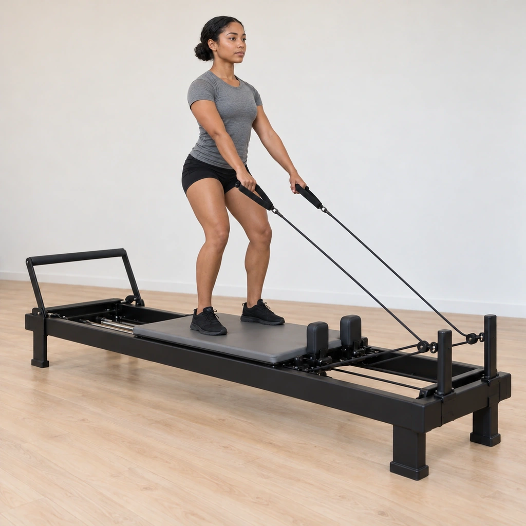 She has risen toward standing on the carriage, her feet pressing down and forward to work the carriage, her arms following her body low, the straps still taut.