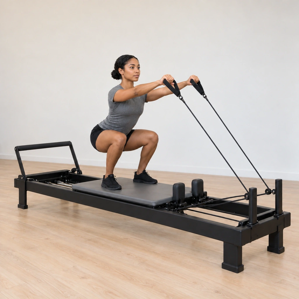 She has sunk into the deep squat again while her arms have swept forward and up to shoulder height and beyond, the straps drawing tension, her feet still pressing down-and-forward.