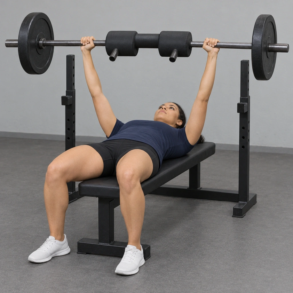 A woman lying flat on a bench holding a padded safety squat bar with no handles straight above her chest with her arms extended.