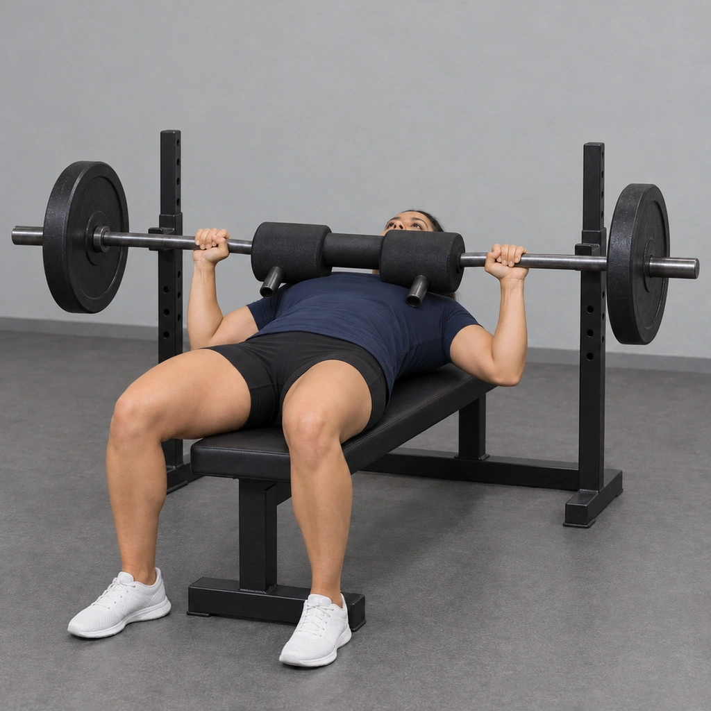 The same woman with the padded yoke of the handle-less safety squat bar lowered onto her chest and her elbows bent.