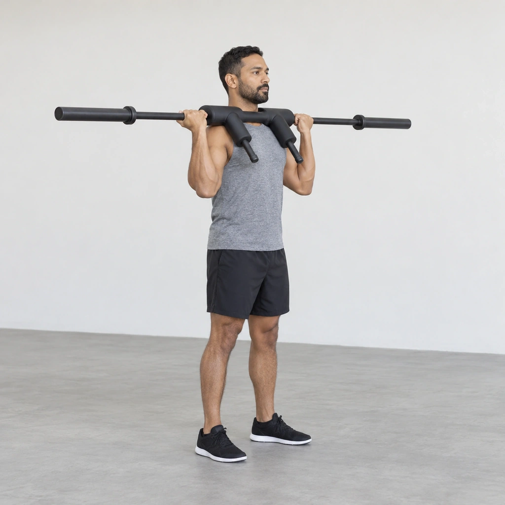 A man standing tall with a padded safety squat bar resting on his collarbones and chest, both hands gripping the bar shaft overhand, elbows below the bar.