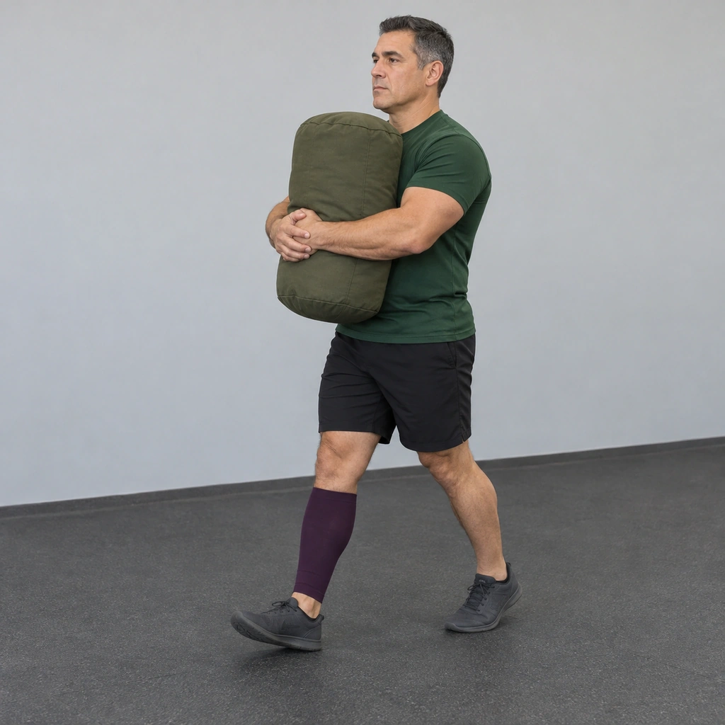 Man walking forward hugging an upright sandbag high against his chest with both arms, right foot stepping forward. The right calf alone has a matte-plum sleeve; it leads.