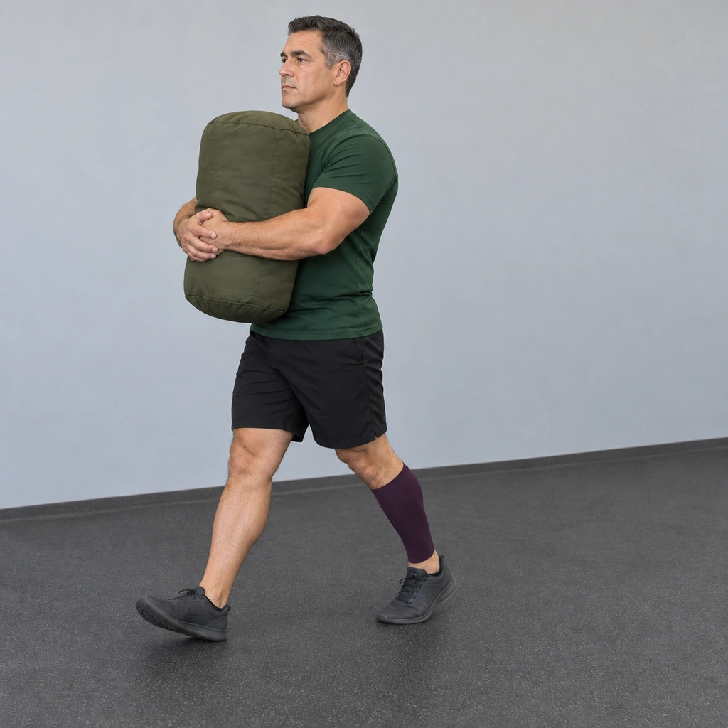 Man walking forward hugging an upright sandbag high against his chest with both arms, left foot stepping forward. The right calf alone has a matte-plum sleeve; it trails.
