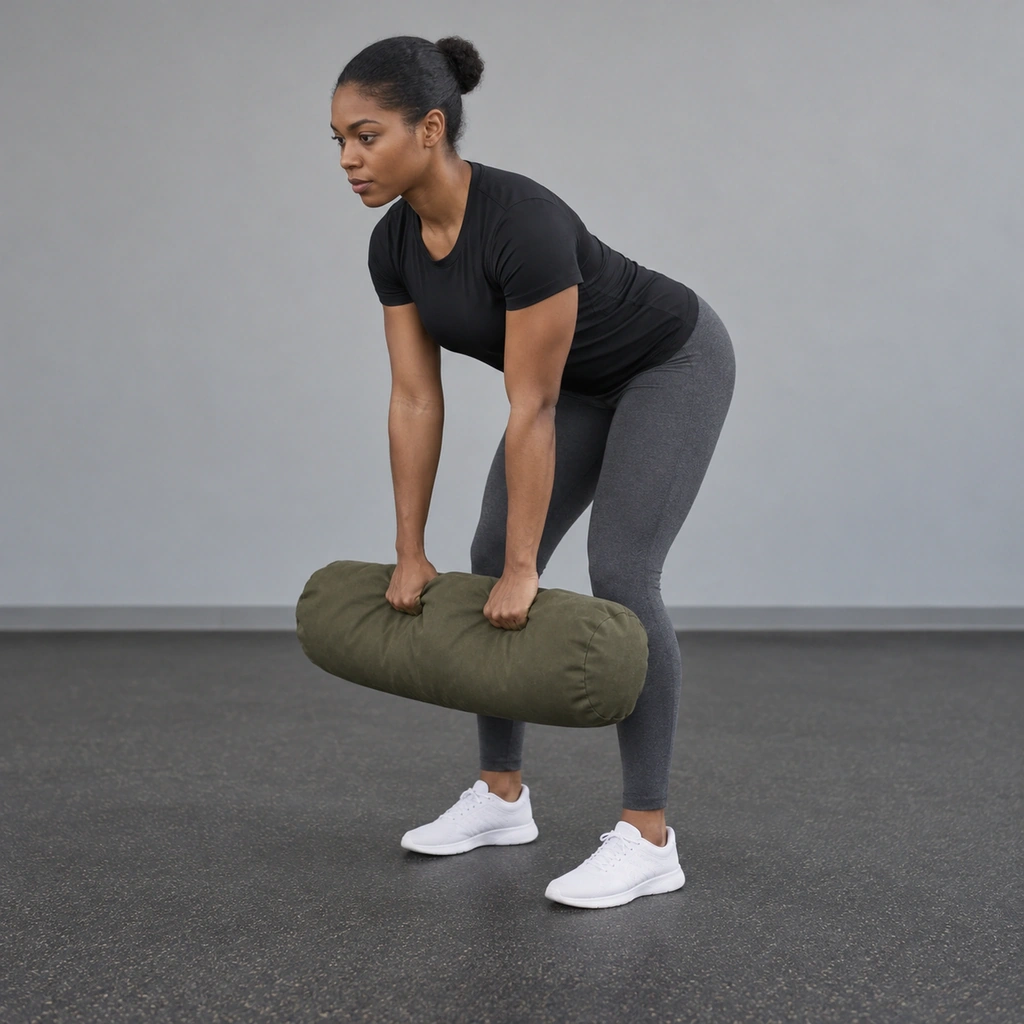 A woman bent over at the hips, back straight, holding a sandbag hanging below her at arm's length.