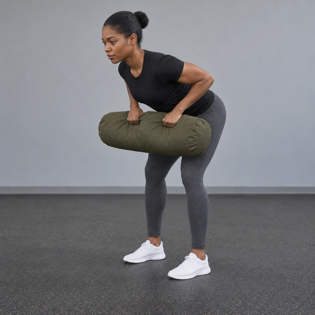 The same woman, still bent over with a straight back, now with both elbows bent and the sandbag lifted against her torso.