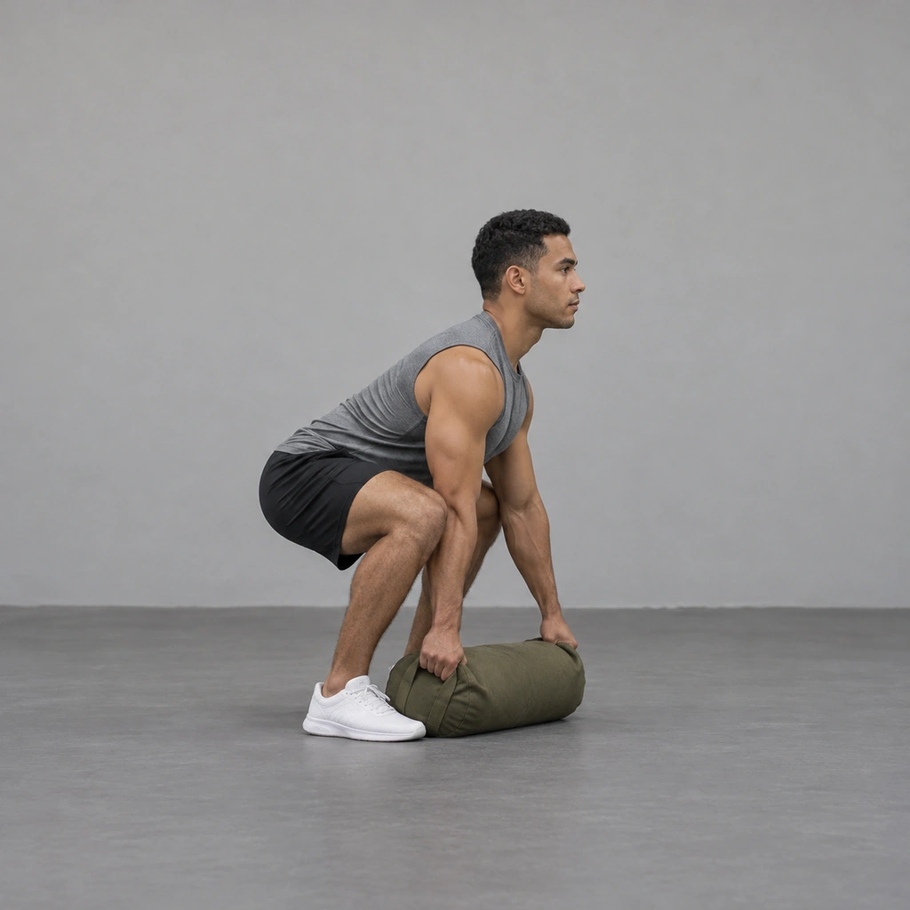 A man squatting over a sandbag on the floor, gripping a handle at each end with his back straight.