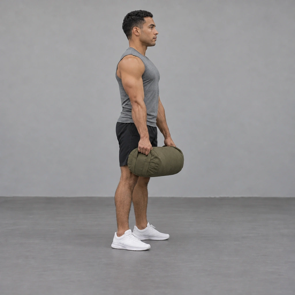 The same man standing tall, hips and knees fully extended, arms straight and the sandbag held close to his body at hip level.