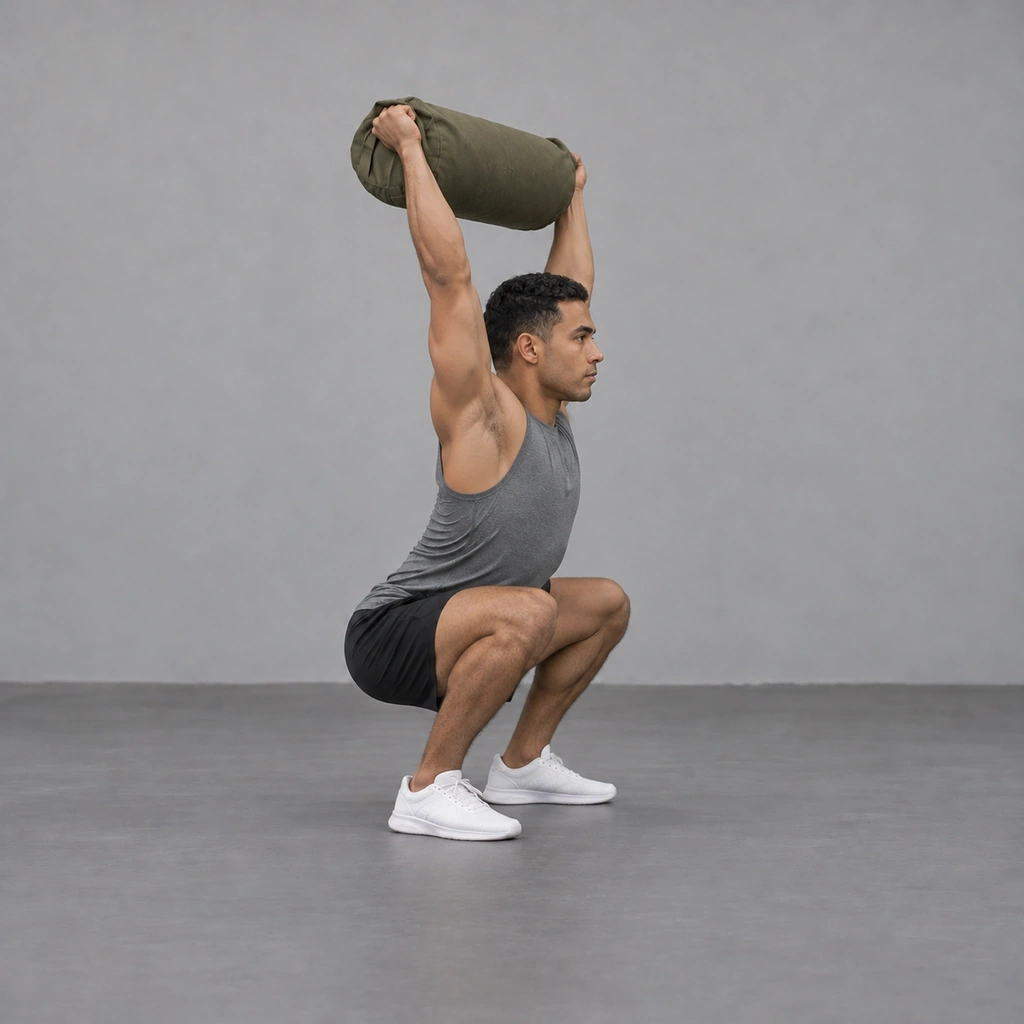 The same man in a squat, thighs parallel to the floor, arms straight overhead holding the sandbag slightly behind his head.