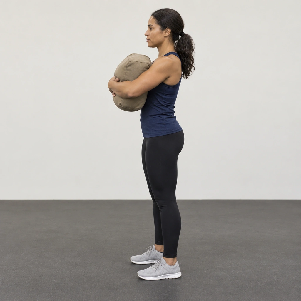 A woman standing tall, seen from the side, hugging a sandbag against her chest with both arms.