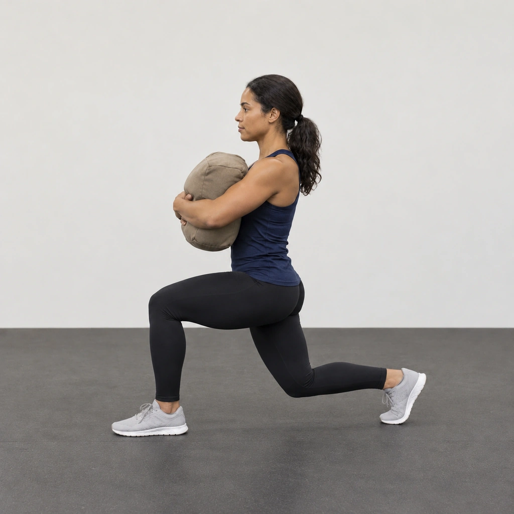 The same woman in a forward lunge, right foot forward, left knee just above the floor, still hugging the sandbag.