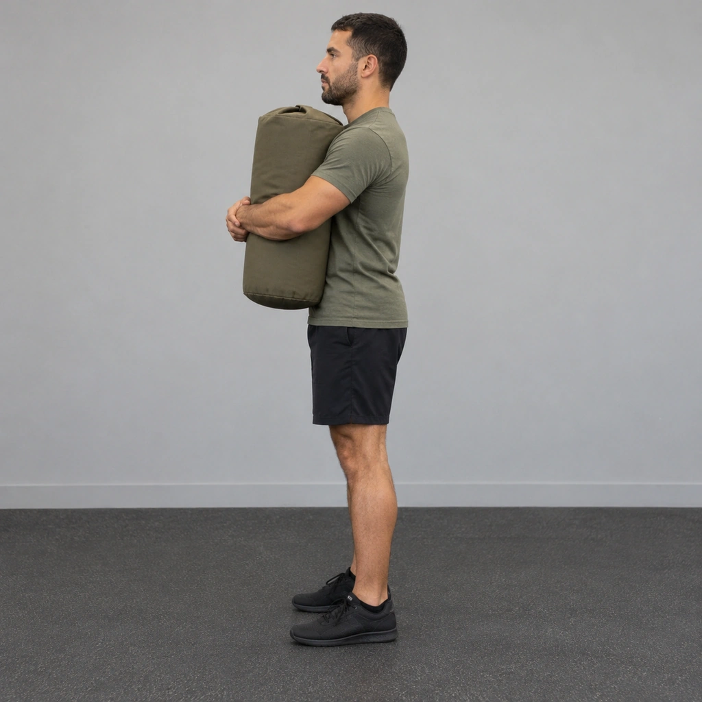 A man standing upright, both arms wrapped around a sandbag held against his chest, both feet flat on the floor.