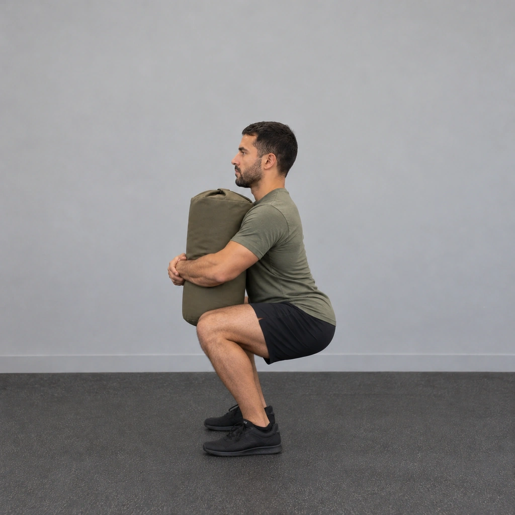 The same man, now squatted down with his knees bent and hips lowered, the sandbag still held against his chest with both arms wrapped around it.