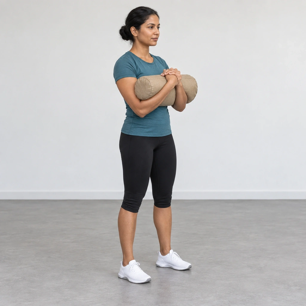 A woman standing tall with her feet hip-width apart, a sandbag cradled in the crooks of both elbows at the front of her body.