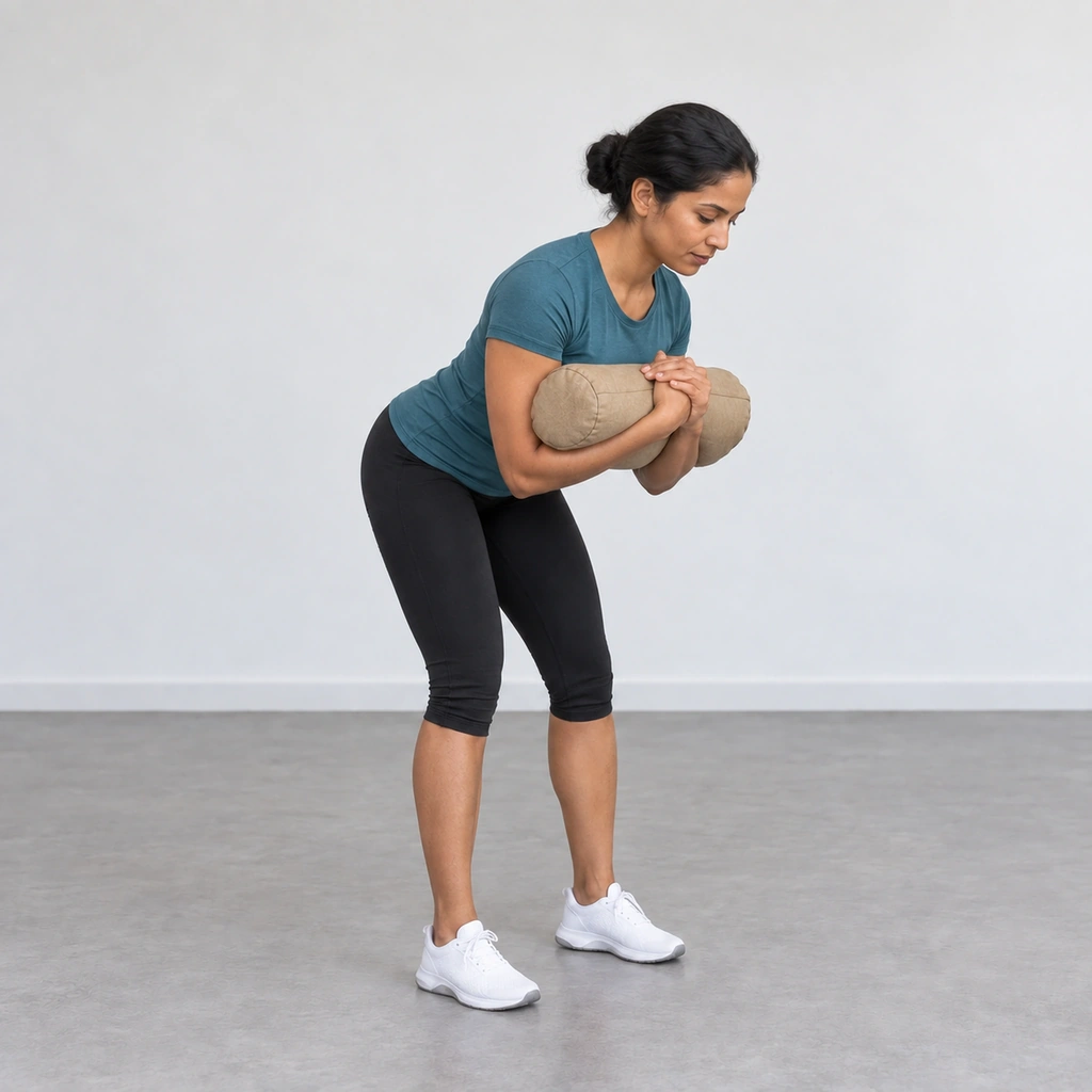A woman hinged forward with her hips pushed back, a sandbag still cradled in the crooks of both elbows in front of her trunk.