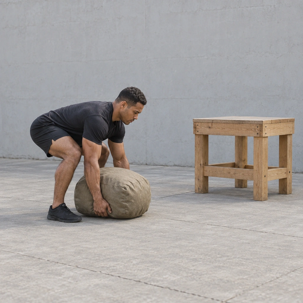 A man bent over a large sandbag lying on the floor, his arms wrapped as far around it as possible, with an elevated loading platform visible a short distance away.