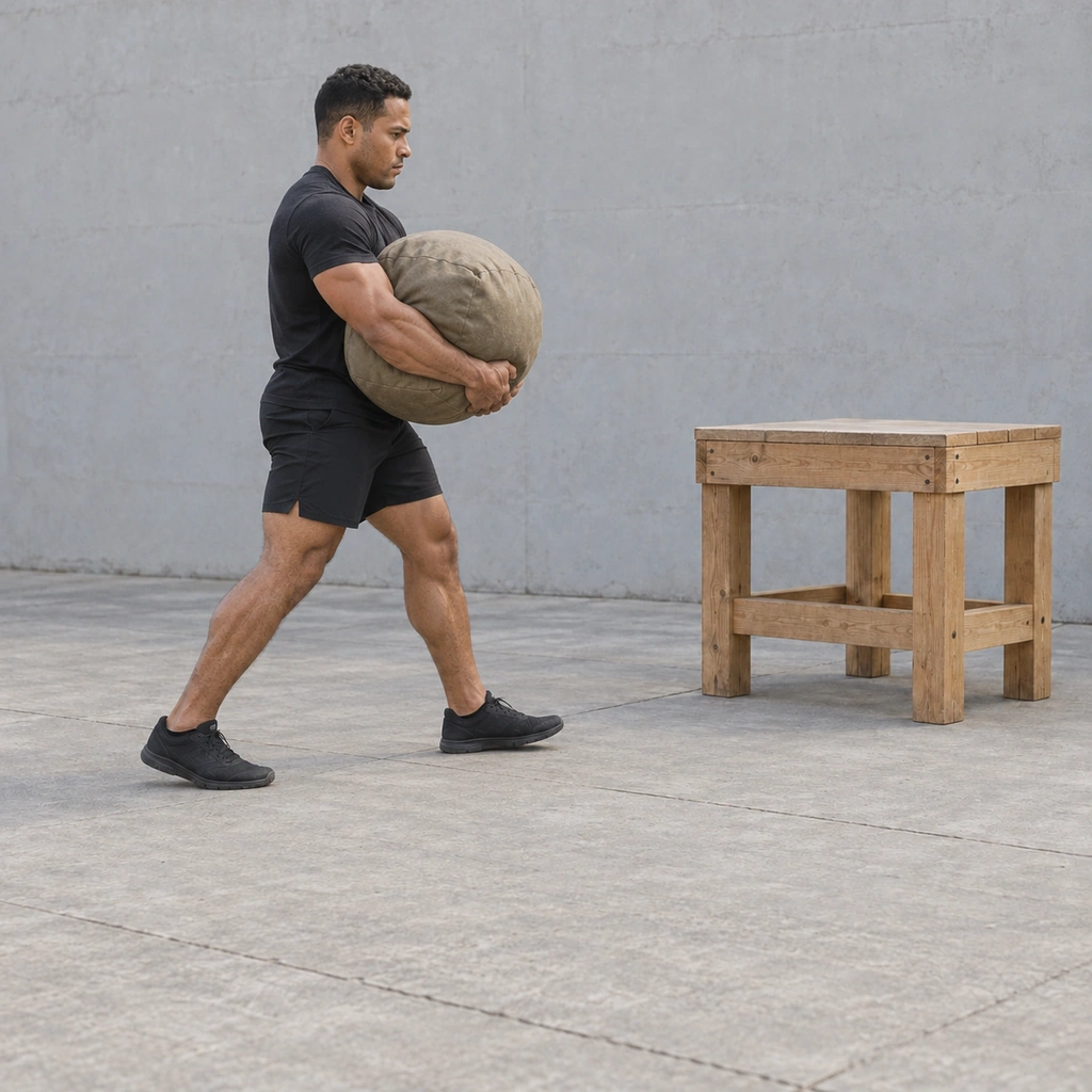 The same man, now standing with the sandbag lifted clear of the floor and held high against his torso, partway between the floor and the platform.