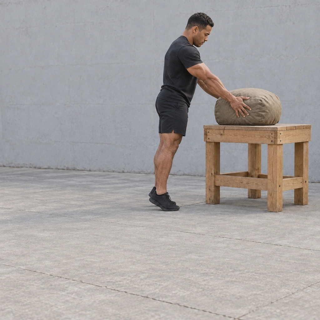 The same man standing at the platform, extended up onto the balls of his feet, placing the sandbag onto the platform's flat top.