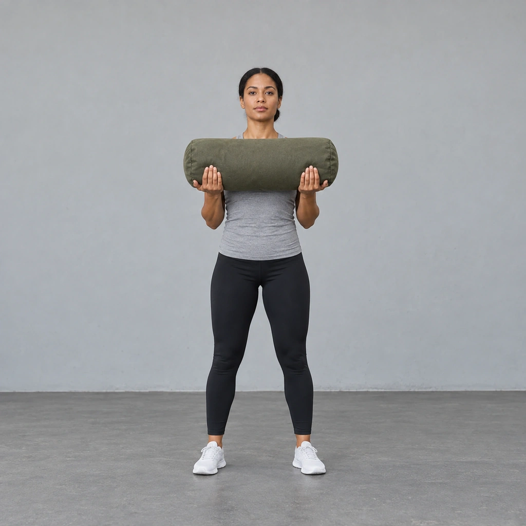 A woman standing, holding a large sandbag with both hands against the front of her chest.