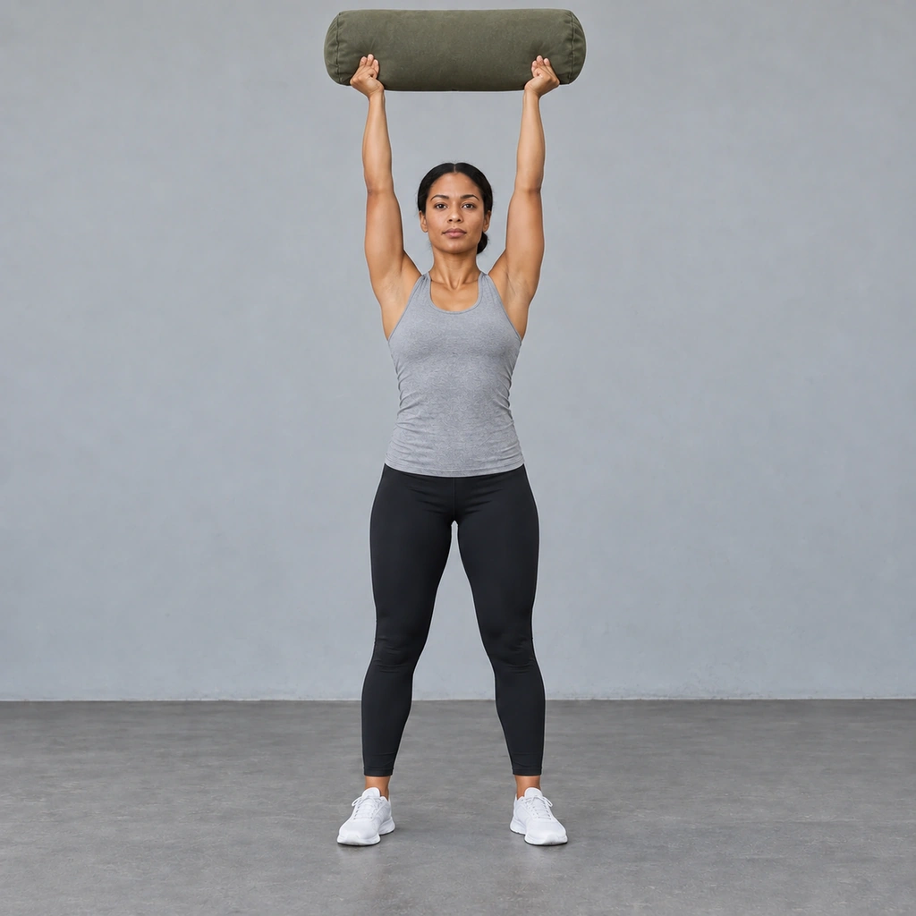 The same woman, now with both arms extended overhead, holding the sandbag above her head.