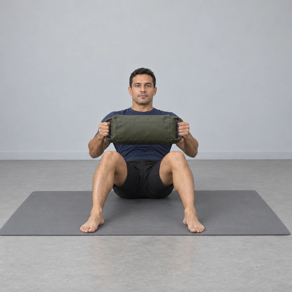 A man sitting on a mat, leaned back, knees bent and feet flat, holding a sandbag in front of him with both hands.