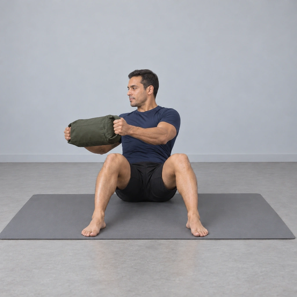 The same man leaned back, his chest and the sandbag turned to his right, his feet still flat.