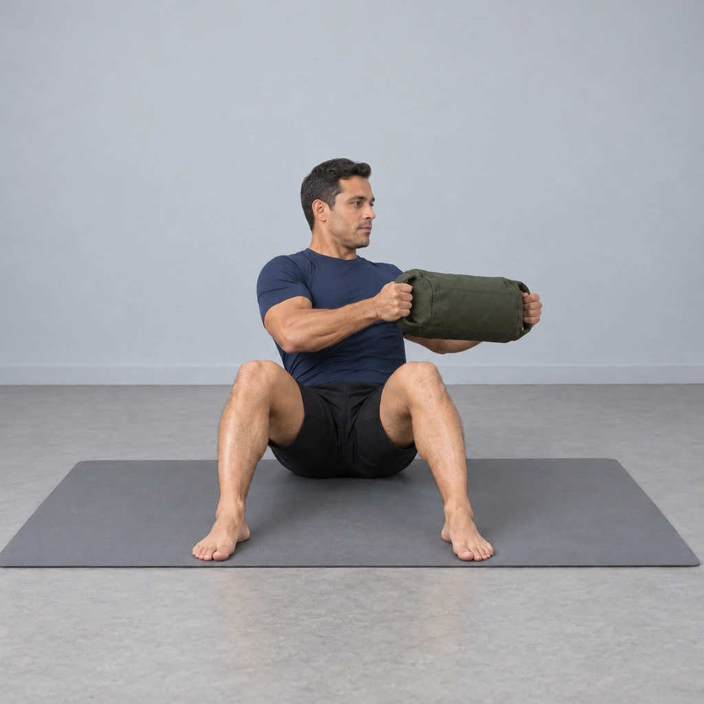 The same man leaned back, his chest and the sandbag turned to his left, his feet still flat.