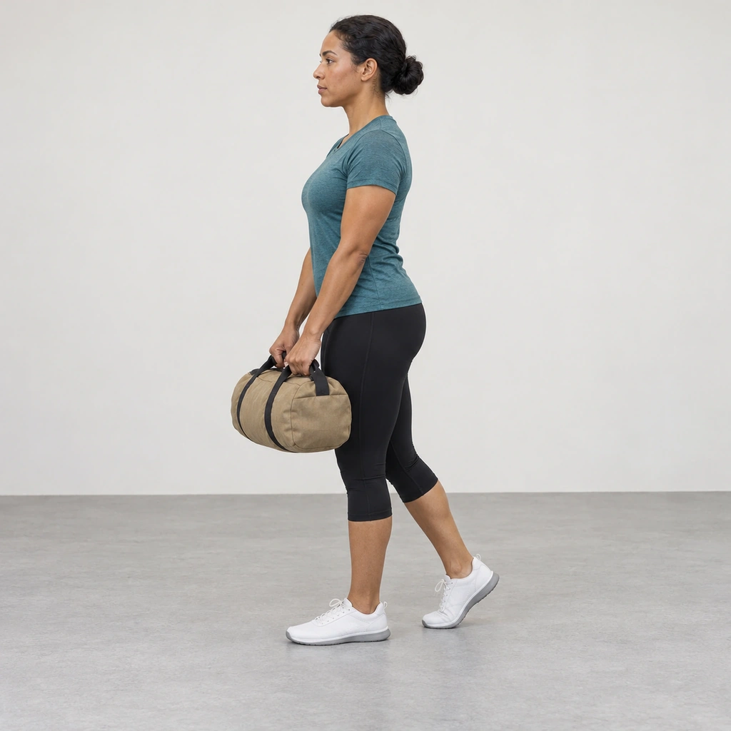 A woman standing on her right leg with a slightly bent knee, holding a sandbag in both hands in front of her.