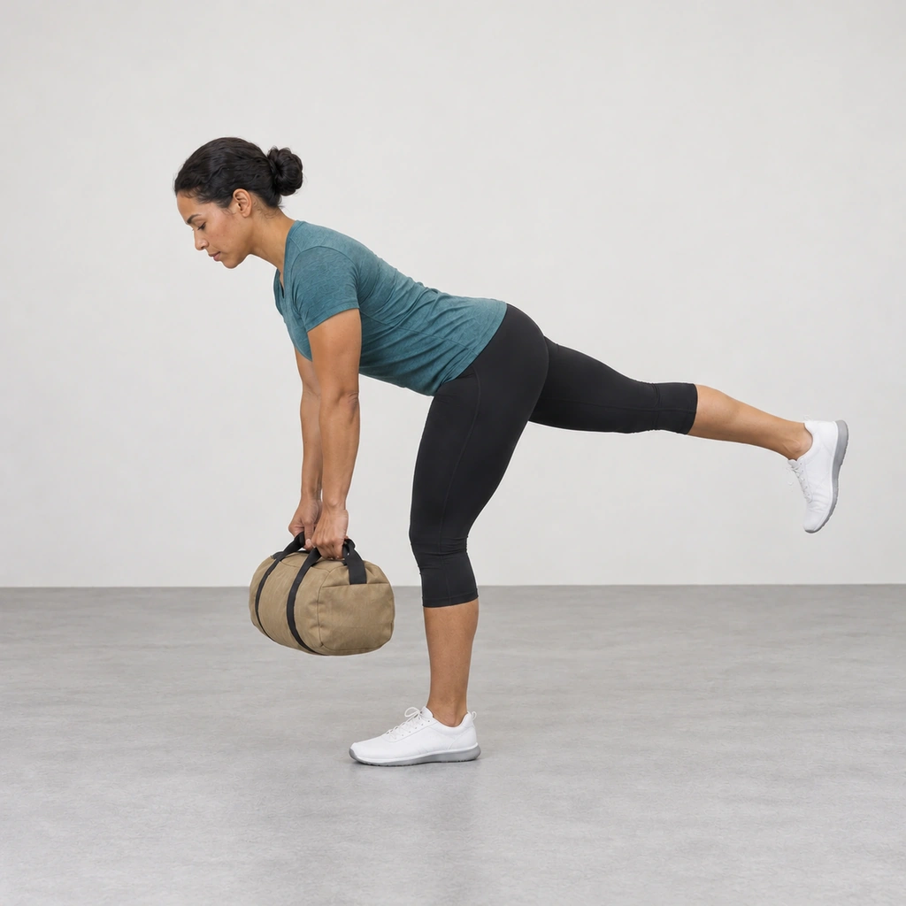 A woman hinged forward on her right leg with her left leg swept back behind her and a sandbag hanging from her hands.