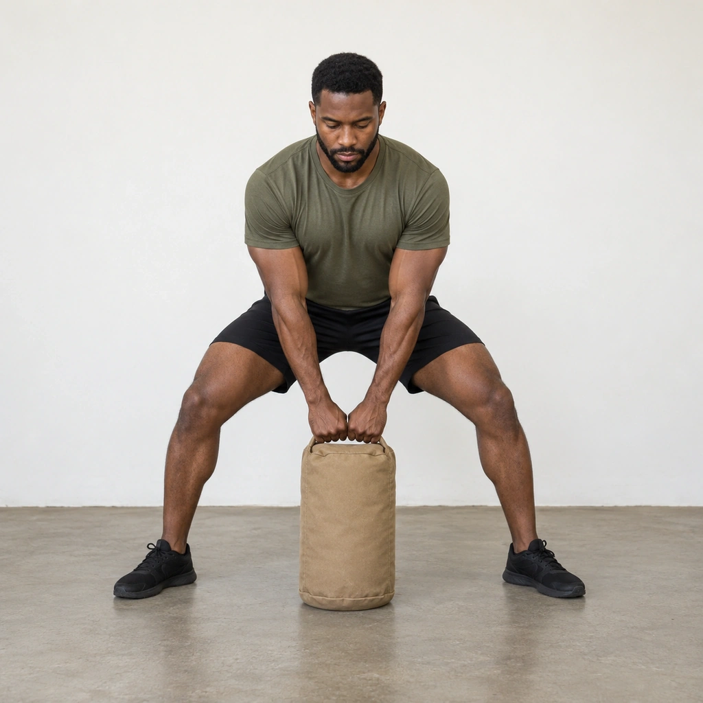 A man in a wide, feet-turned-out stance bent over an upright sandbag on the floor between his feet, gripping its top handle with both hands.