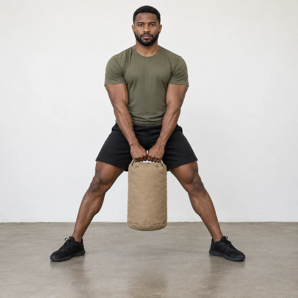 The same man standing fully upright in the same wide stance, arms straight down holding the sandbag off the floor at the front of his thighs.