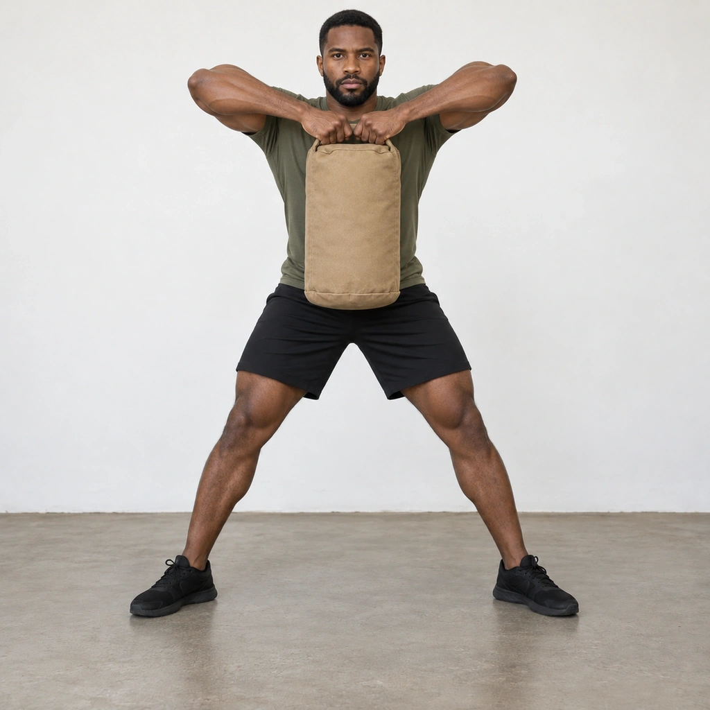 The same man standing upright with both elbows bent and raised out to the sides, the sandbag held close to his body at collarbone height.