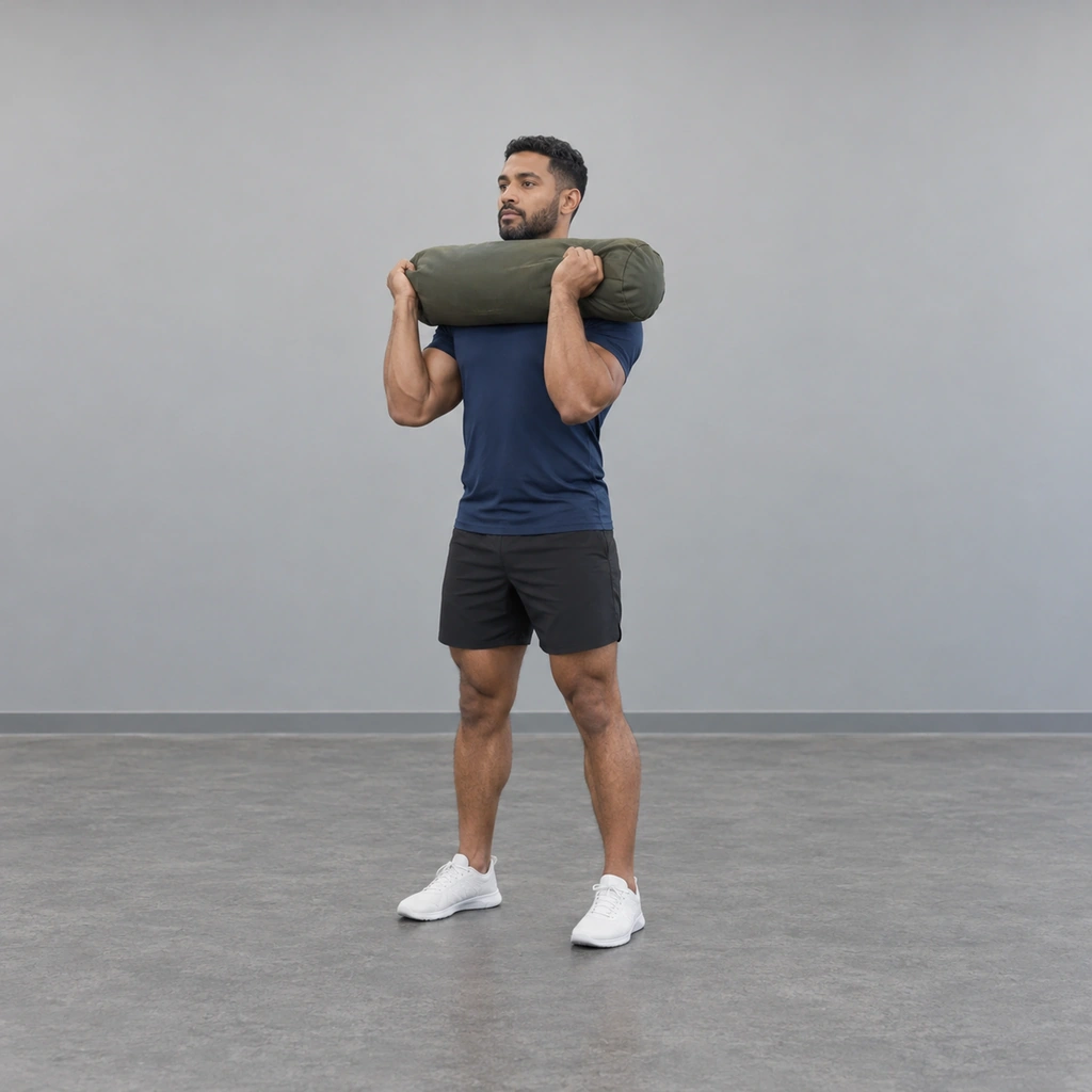 A man standing with a sandbag held across the front of his shoulders with both hands, feet hip-width apart.