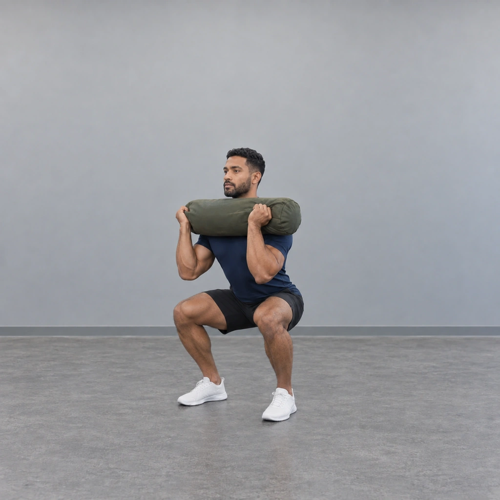 The same man in a squat with his thighs about level with the floor, still holding the sandbag across the front of his shoulders.
