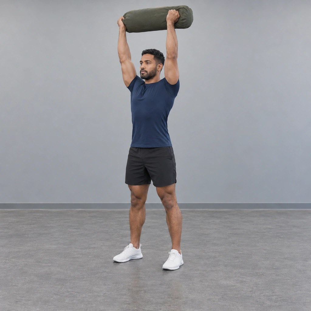 The same man standing tall with both arms straight overhead, holding the sandbag above his head, his head slightly forward between his arms.