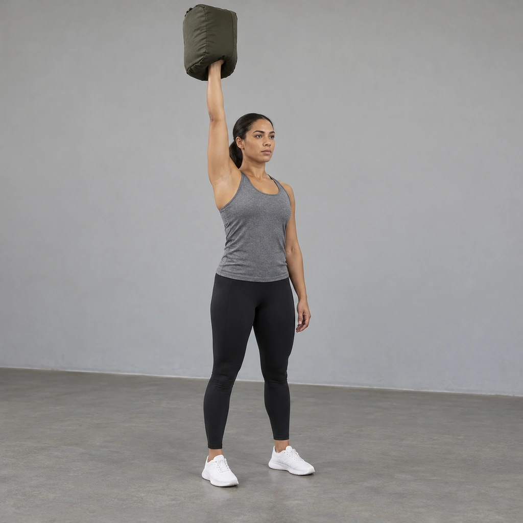 A woman standing tall with feet hip-width apart, a sandbag held overhead in her right hand, her left arm at her side.