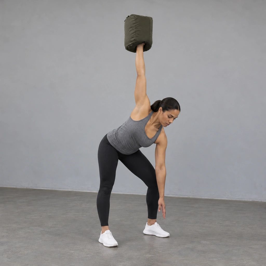 The same woman, her left knee now bent, her torso flexed down and her left hand reaching toward the floor, the sandbag still locked overhead in her right hand.