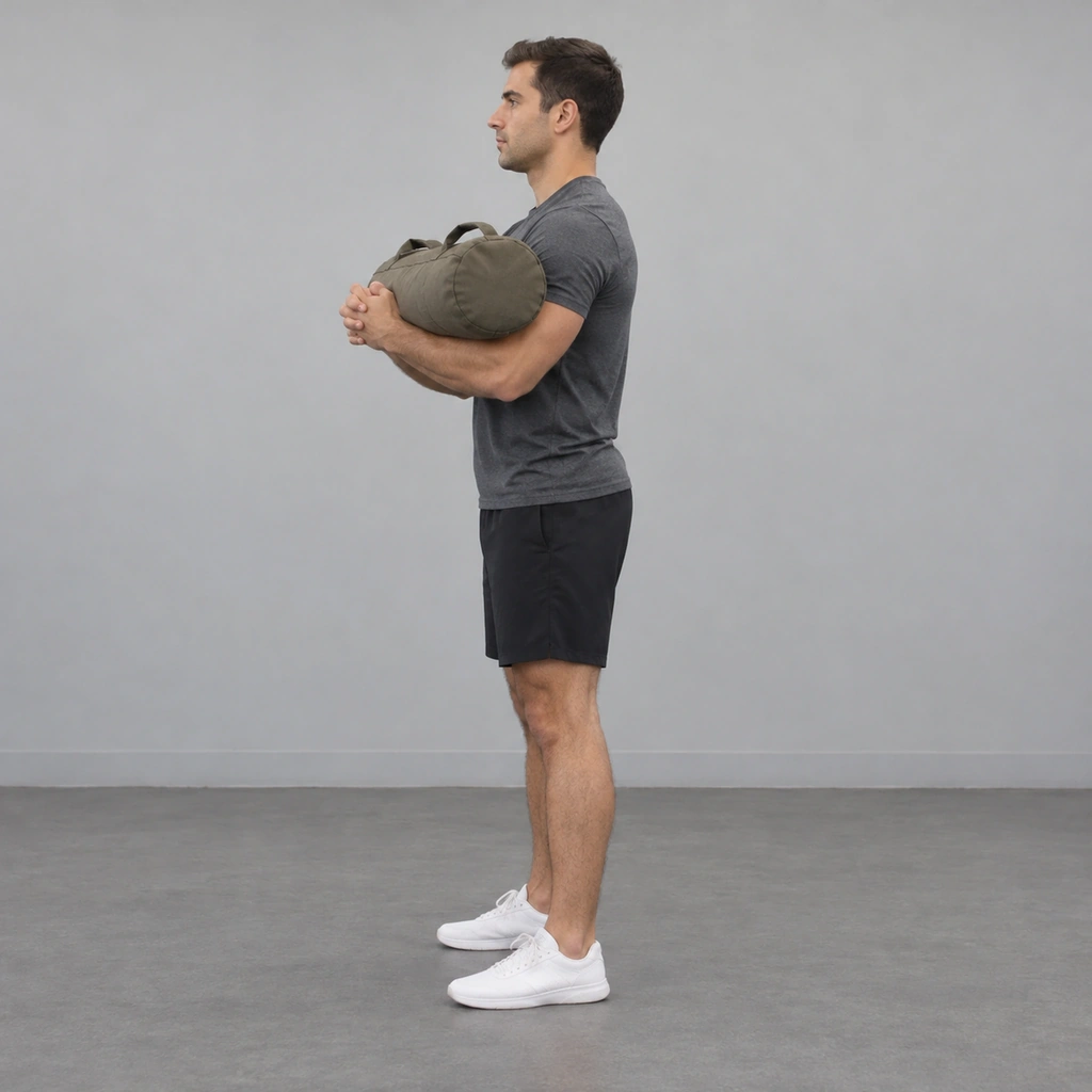 A man standing tall, a sandbag resting in the crooks of his elbows against his chest, both hands clasped in front.