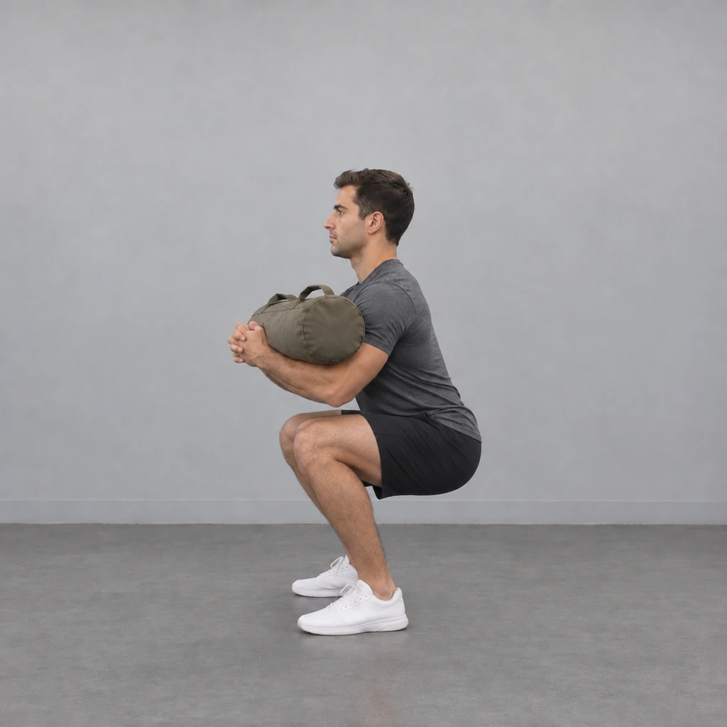 The same man, now squatted with his thighs just past parallel to the floor, the sandbag still resting in the crooks of his elbows.