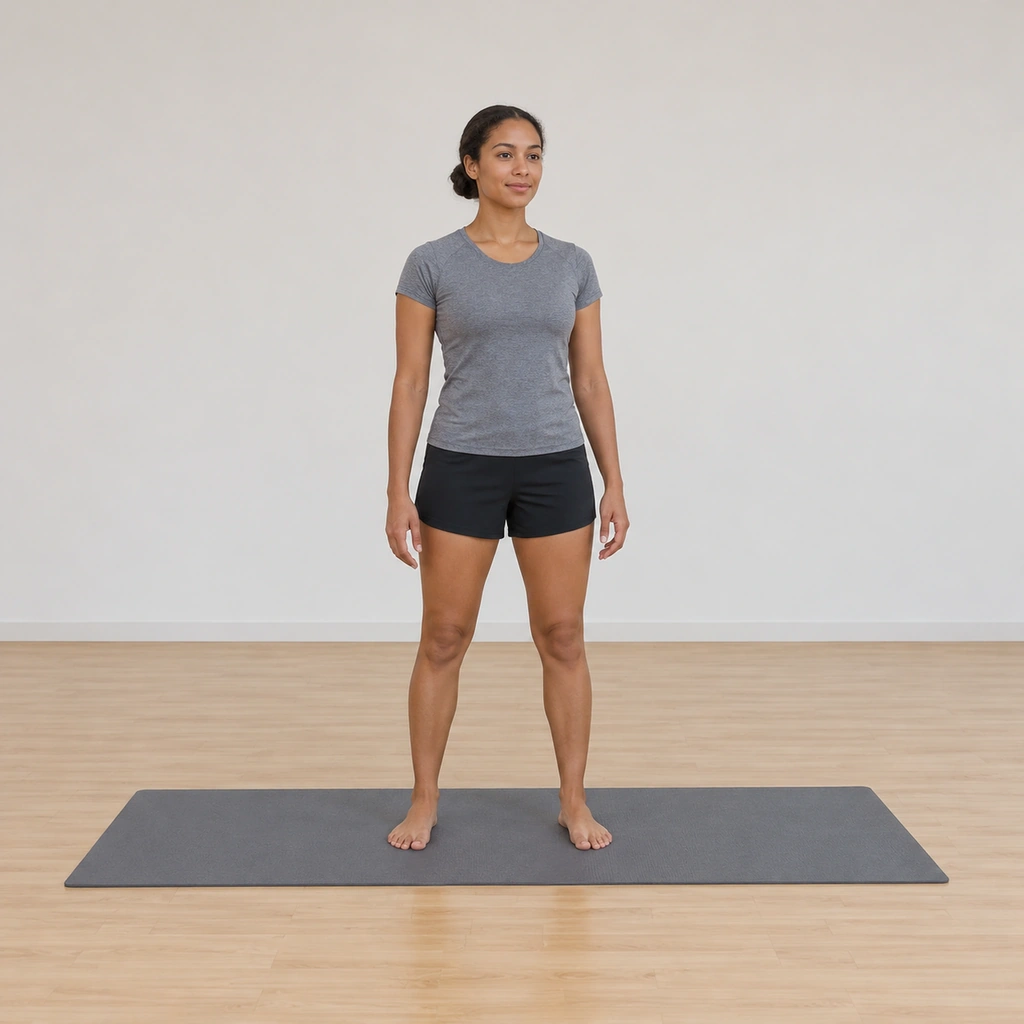 She stands on the mat in the natural stance, the arms hanging easy, the hips centred, ready to swing.