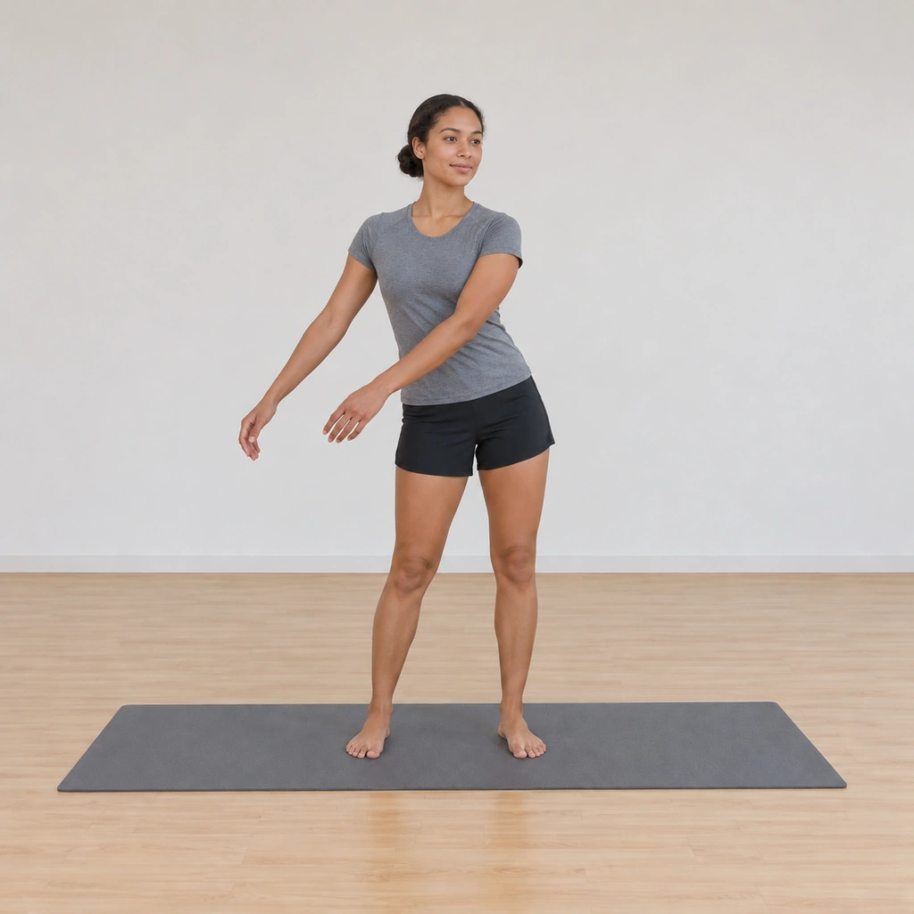 She carries the swing through centre to the other side, the hips and arms continuing in rhythm to the opposite side.