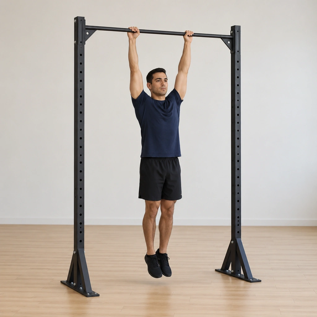 He hangs passively from the bar, arms fully extended, shoulders risen toward his ears, body still, legs together.