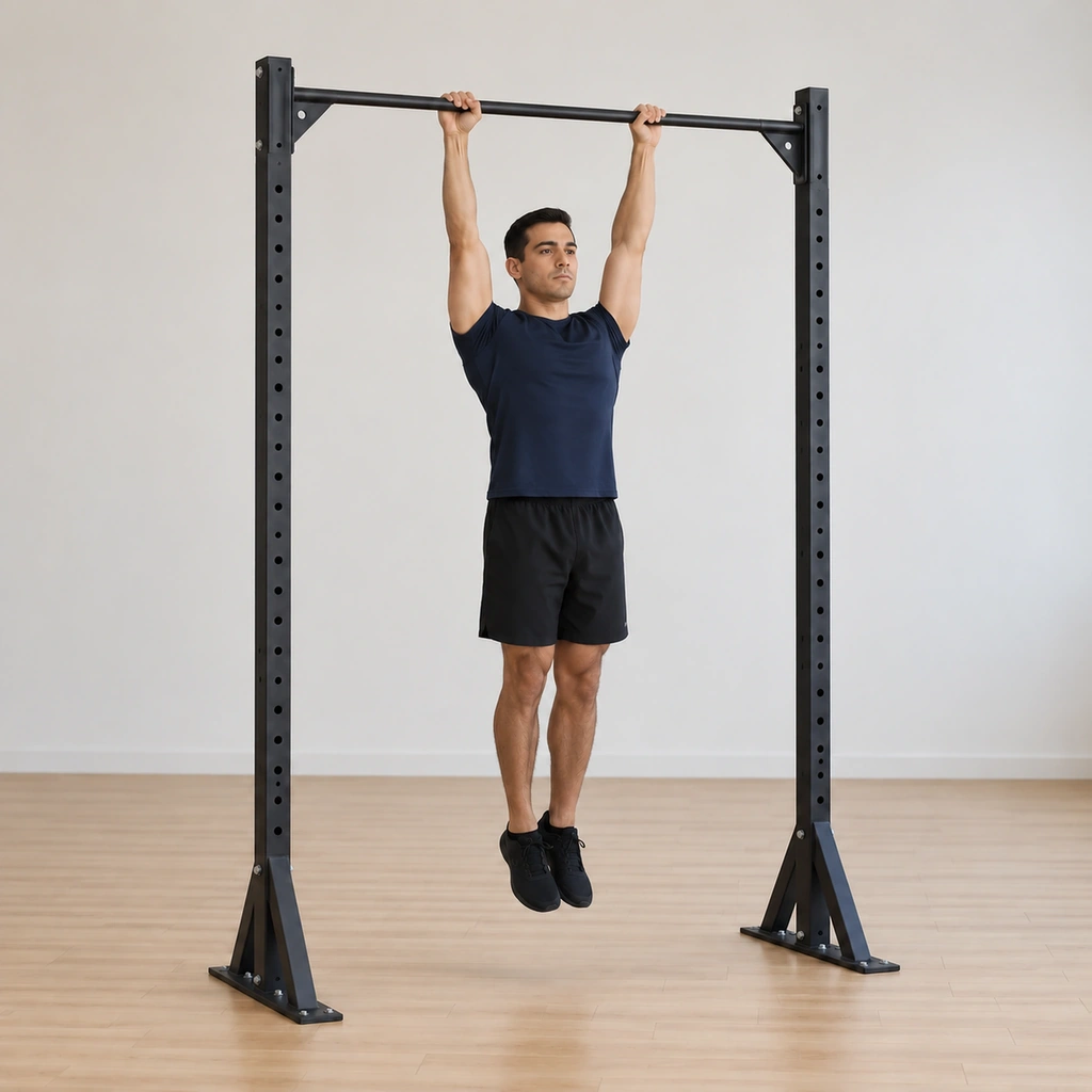 His shoulder blades have drawn together and down, lifting his body a few centimetres on straight arms, shoulders pulled away from his ears, elbows locked.